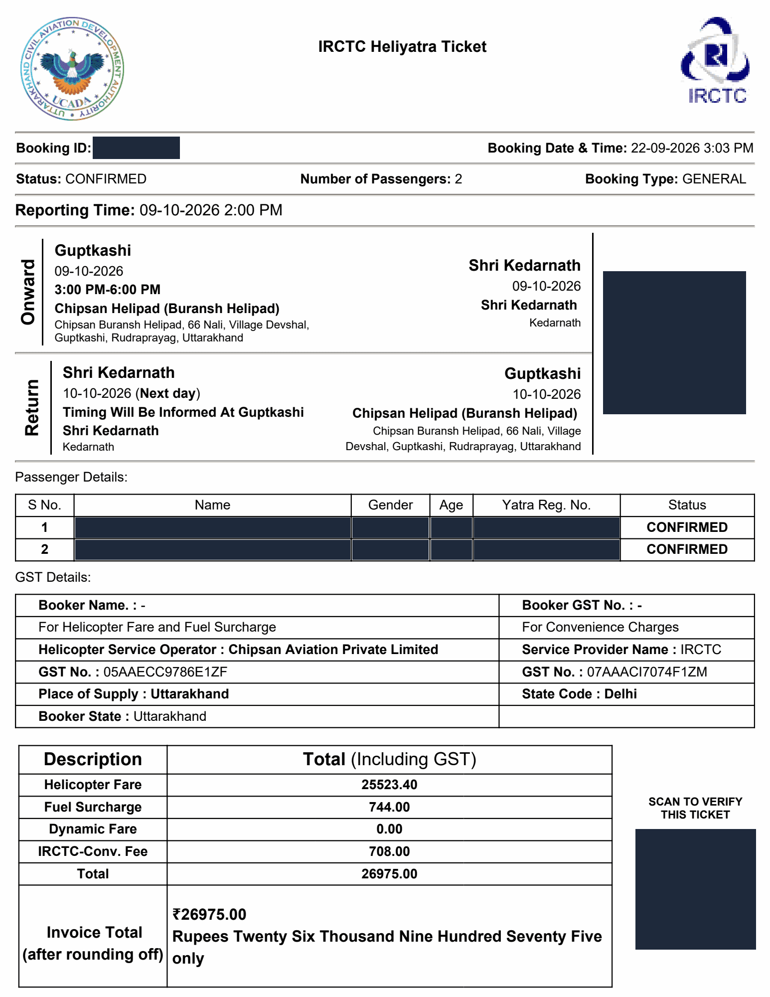 IRCTC HeliYatra ticket for two passengers, Guptkashi to Kedarnath on 9 October 2026 and back on 10 October, with the names, ages, yatra registration numbers, booking ID and QR codes blacked out. The fare table, all including GST, reads: helicopter fare ₹25,523.40, fuel surcharge ₹744, dynamic fare ₹0, IRCTC convenience fee ₹708, total ₹26,975.